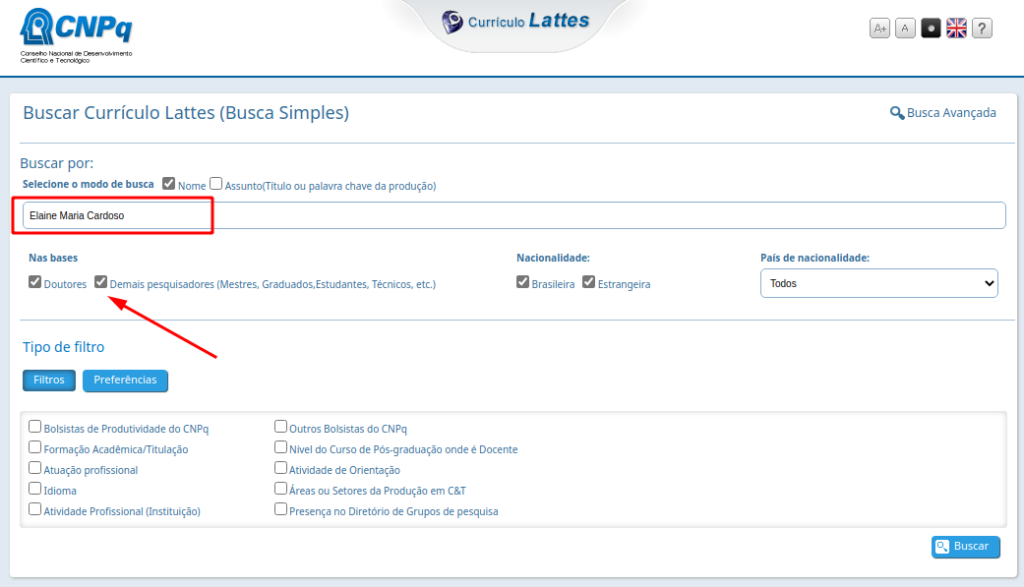 Como pesquisar o Currículo Lattes - Exemplo de busca