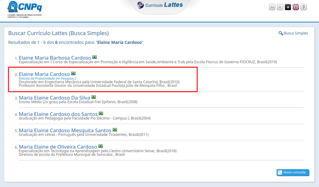 Como pesquisar o Currículo Lattes - Exemplo com vários resultados da busca